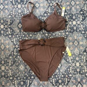 Summersalt  Brown Ribbed Ring-Accent High-Waist Bikini - NWT!